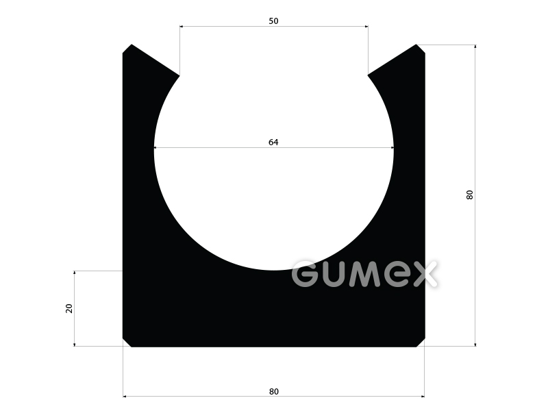 Geformtes Gummiprofil, 80x80mm, Länge 50mm, 85°ShA, EPDM, -40°C/+100°C, schwarz, 